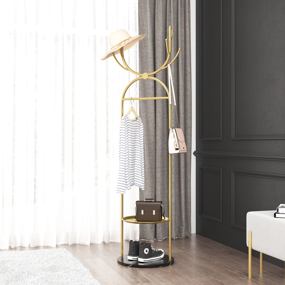 Metal Coat Rack Stand with Shelves and Hooks, Marble Base D3063
