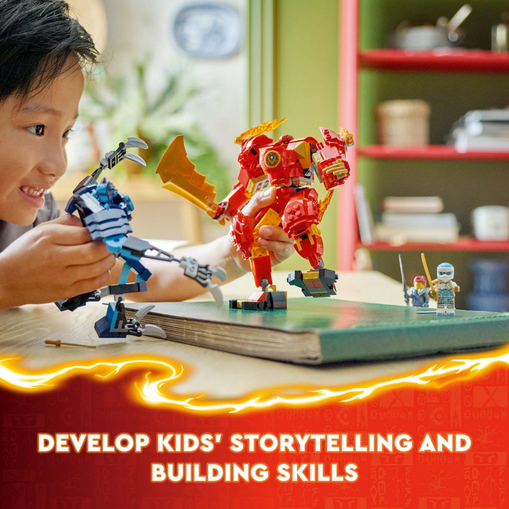 LEGO NINJAGO Kai’s Elemental Fire Mech Action Figure, Mini Ninja Toy with Red Ninja Figure plus Kai and Zane Minifigures, Adventure Set for Boys and Girls Ages 7 and Up E484925