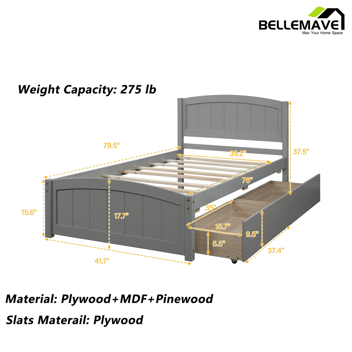 Twin Size Platform Bed Frame with Storage Drawer and Headboard N8473