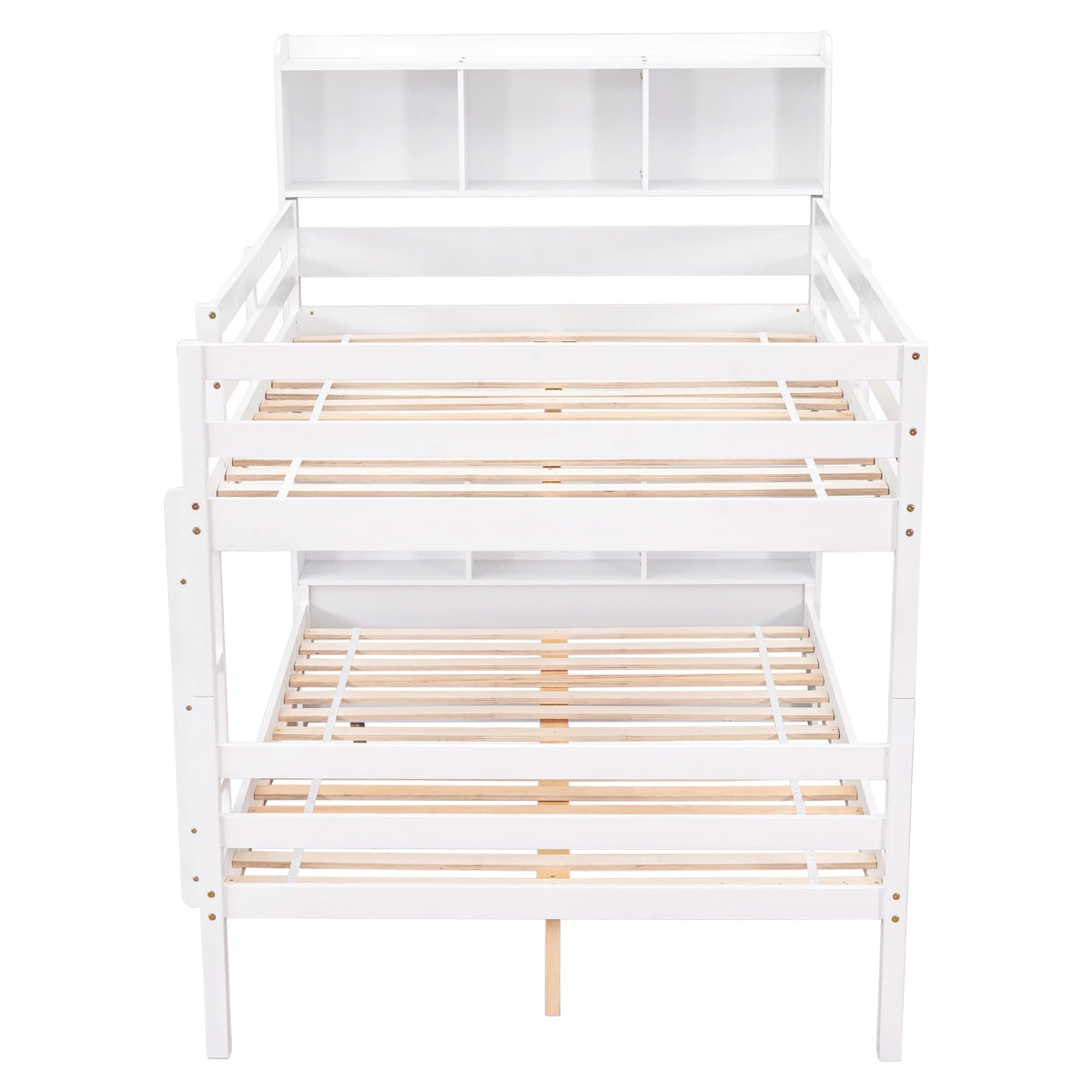 Full Over Full Bunk Beds with Bookcase Headboard, Solid Wood Bed Frame with Safety Rail and Ladder, White L371