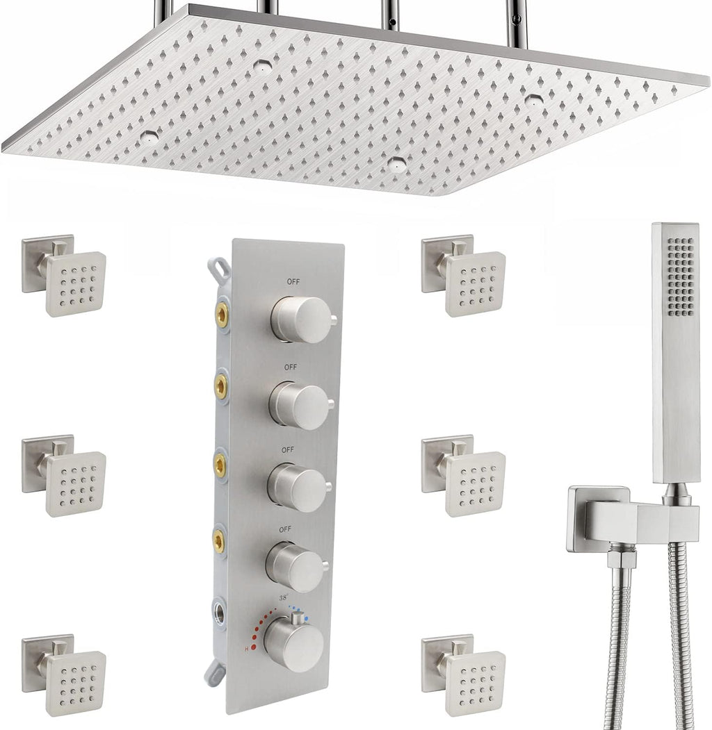 Brushed Gold Thermostatic Rain Shower Head System with Body Spray and Handheld Combo Set J343283