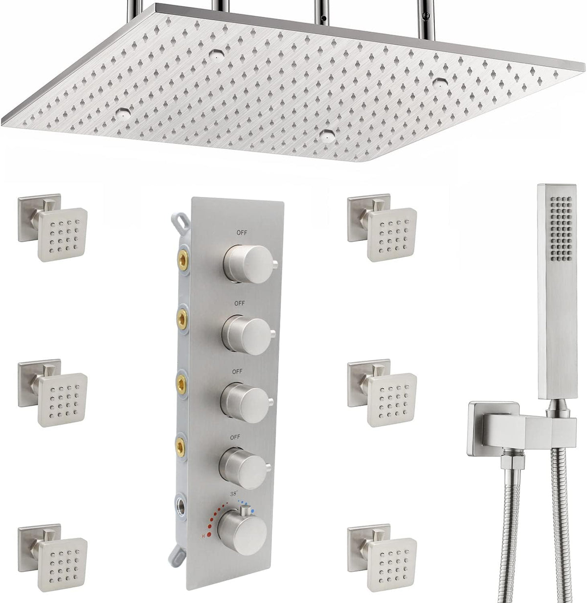 Brushed Gold Thermostatic Rain Shower Head System with Body Spray and Handheld Combo Set J343283
