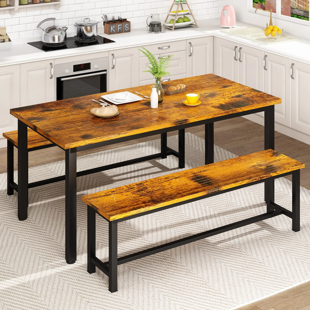 Rustic Brown 4 Person Kitchen Table Set with 2 Benches R612