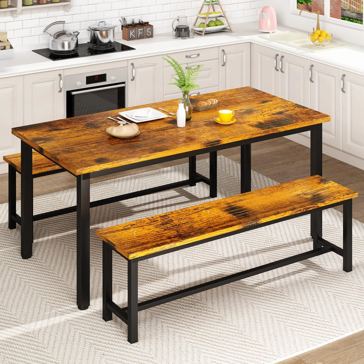 Rustic Brown 4 Person Kitchen Table Set with 2 Benches R612