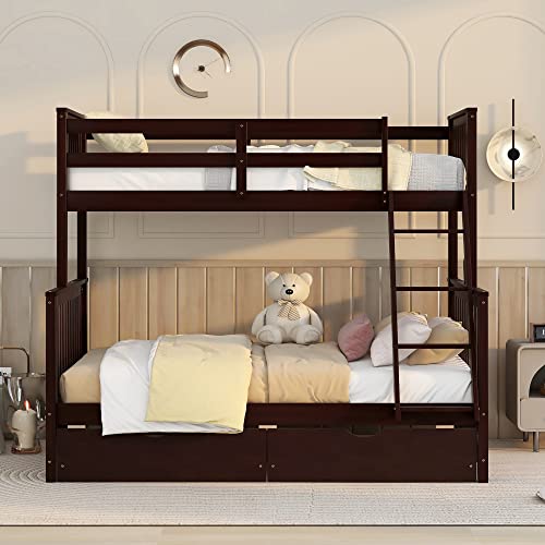 Wood Bunk Bed with Drawers, Twin Over Twin Size, Grey P831