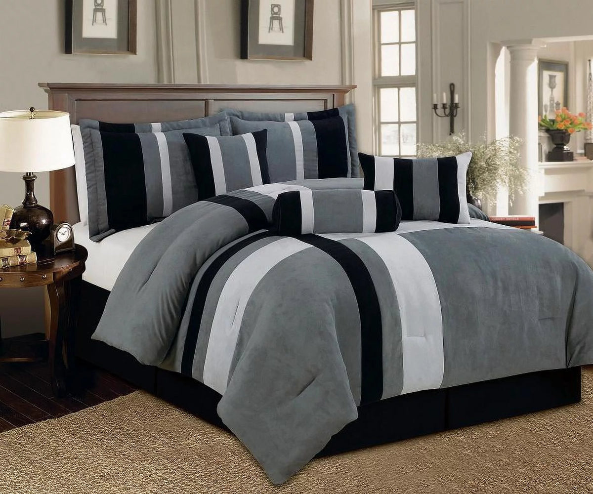 Queen Size 7-Piece Micro Suede Comforter Set Black Gray & White N64300