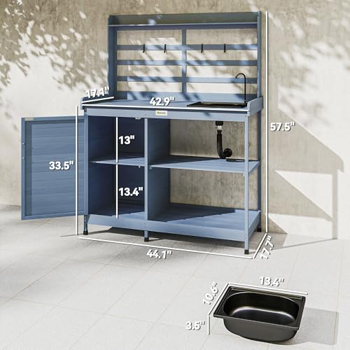 Wooden Potting Bench Table with Sink and Storage Cabinet J5694
