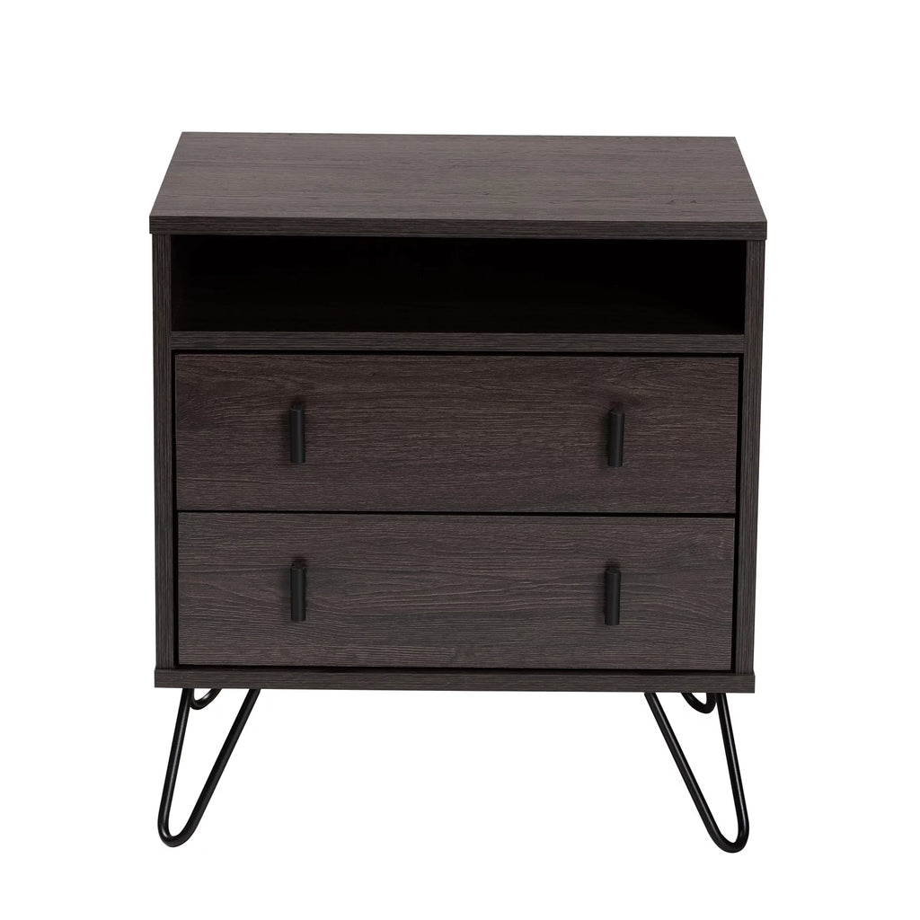 Dark Brown Wood and Black Metal 2-Drawer Nightstand V88788
