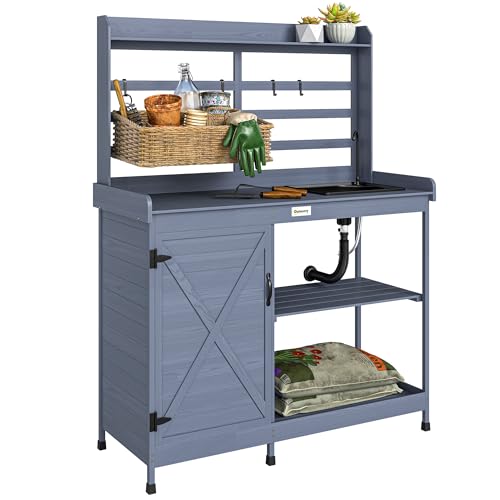 Wooden Potting Bench Table with Sink and Storage Cabinet J5694