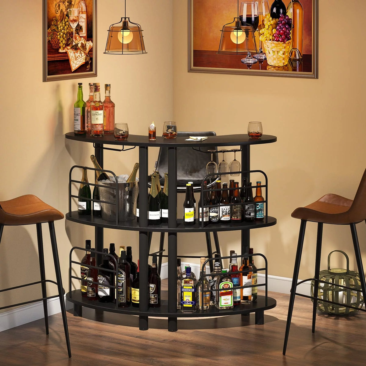 3 Tier Black Bar Cabinet with Storage Shelves G412