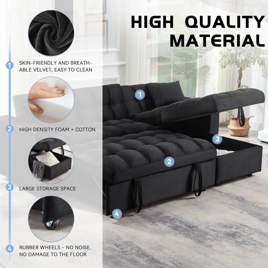 84" Black Velvet Convertible Sleeper Sofa with Storage Chaise B77914