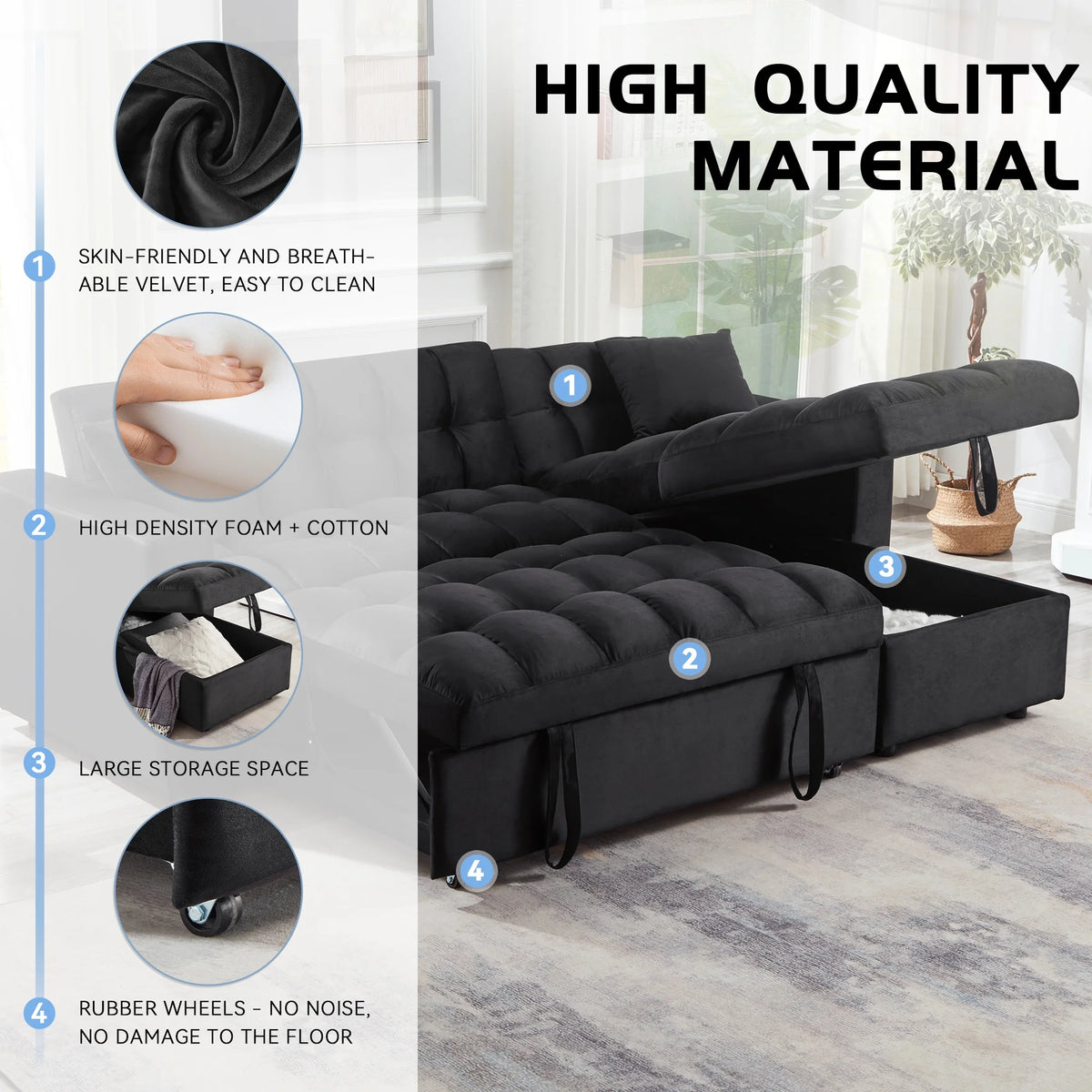 84" Black Velvet Convertible Sleeper Sofa with Storage Chaise B77914