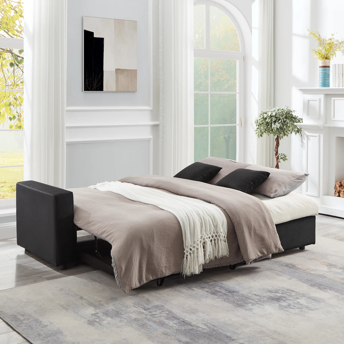 84" Black Velvet Convertible Sleeper Sofa with Storage Chaise B77914