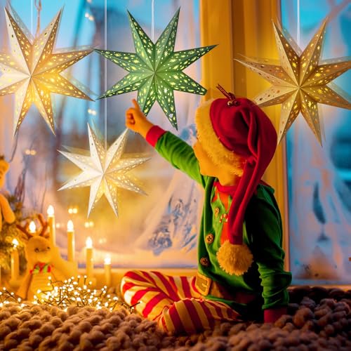 12 Pcs Sage Green 3D Star Lantern with String Light E1959