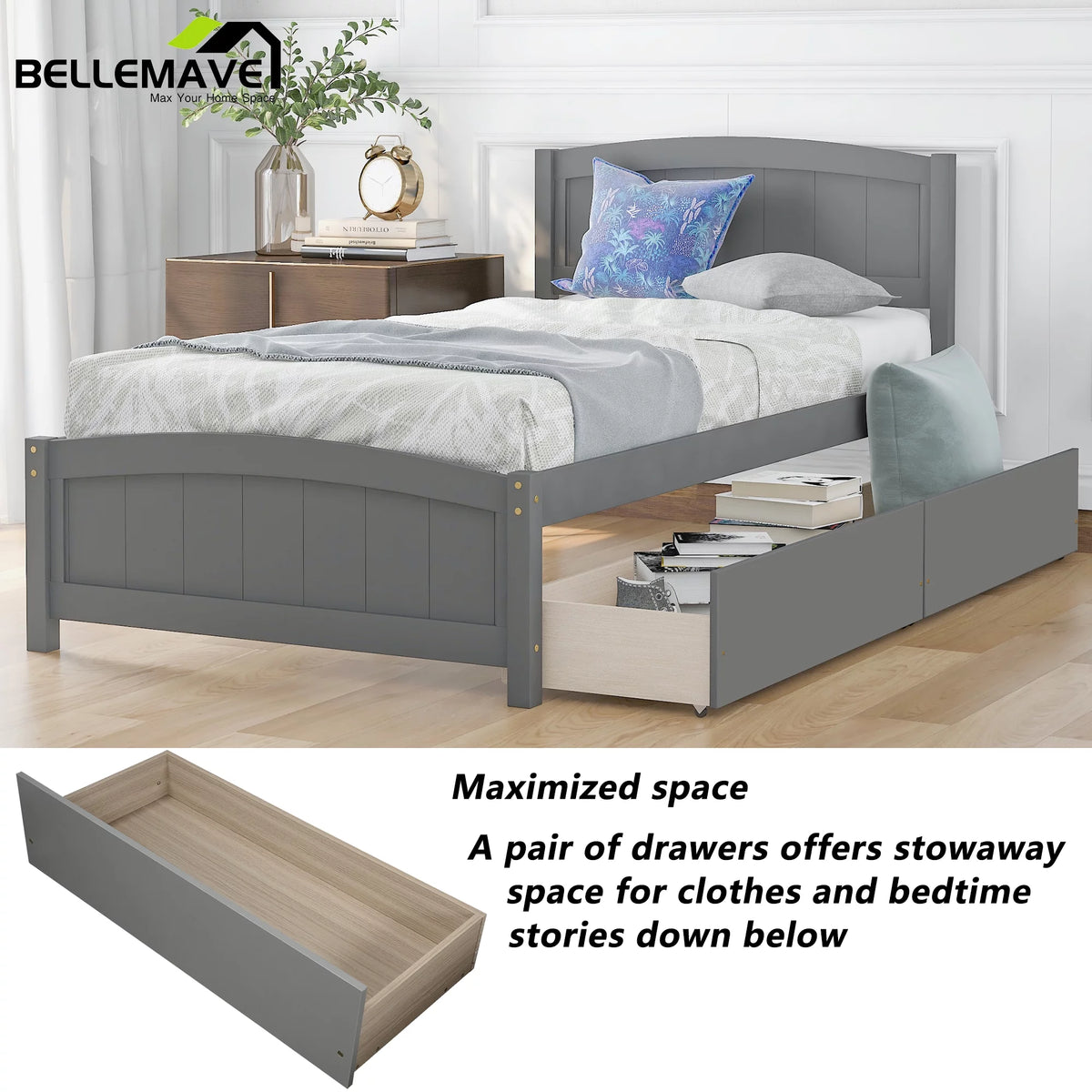 Twin Size Platform Bed Frame with Storage Drawer and Headboard N8473