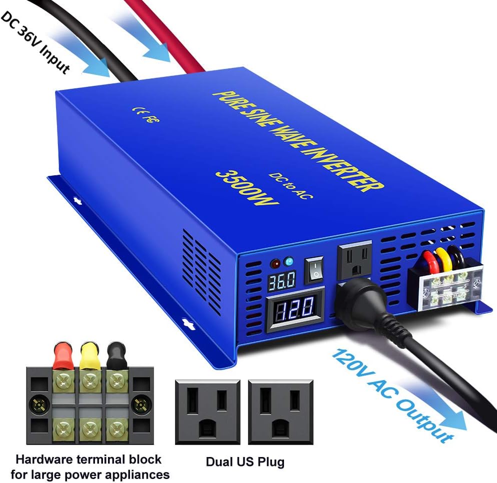3500W Pure Sine Wave Power Inverter 36V DC to 120V AC with Wireless Remote Control H985949