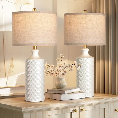 Farmhouse Ceramic Table Lamp Set of 2, 25" White Accent Lamp with 3-Color Temperature LED Bulbs M963118