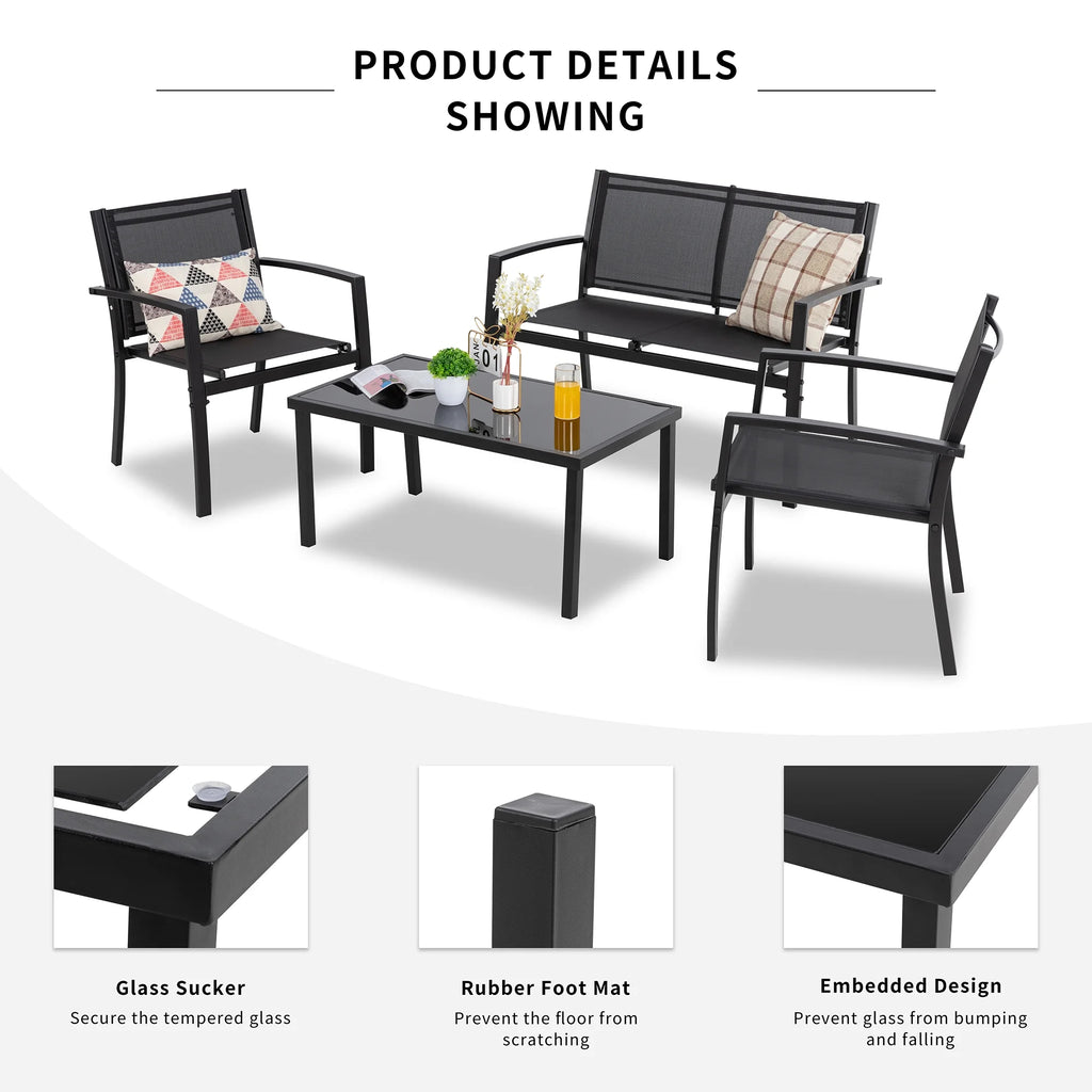4 Pieces Patio Furniture Set with Glass Coffee Table P72055
