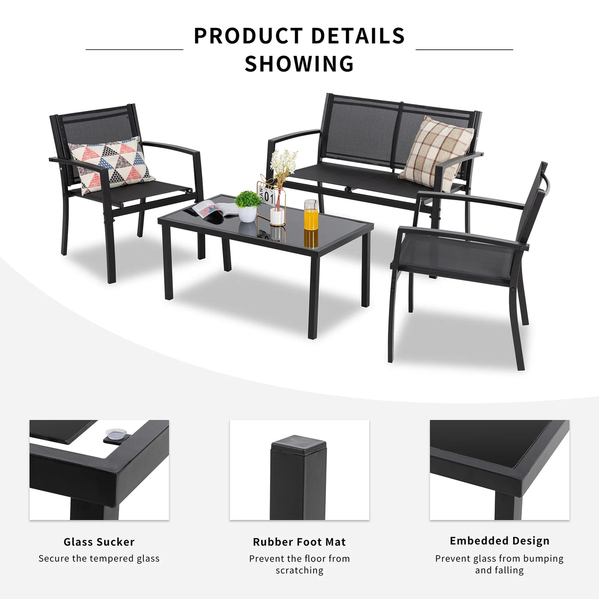 4 Pieces Patio Furniture Set with Glass Coffee Table P72055