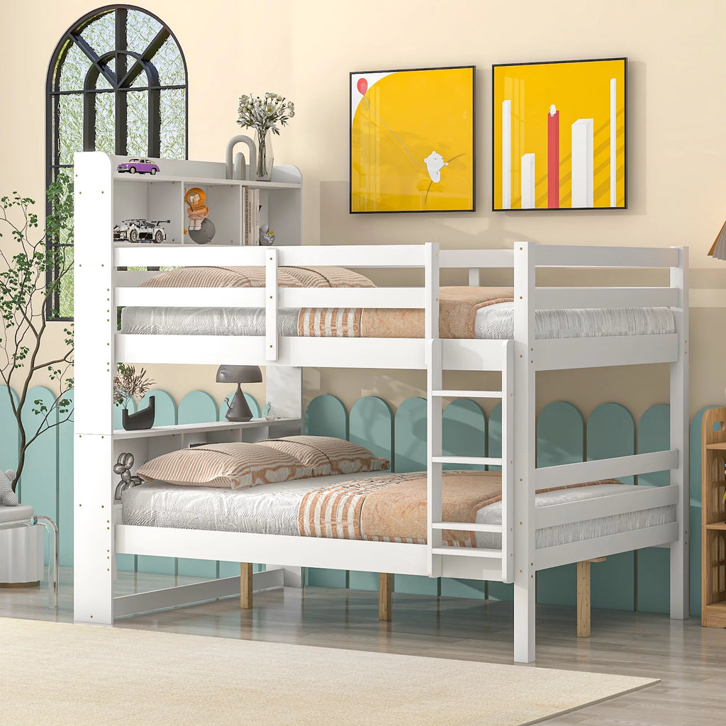 Full Over Full Bunk Beds with Bookcase Headboard, Solid Wood Bed Frame with Safety Rail and Ladder, White L371