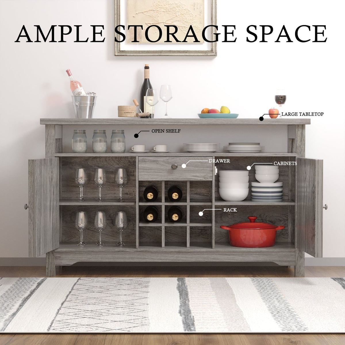 White 47 Kitchen Buffet Storage Cabinet with Barn Door P363835