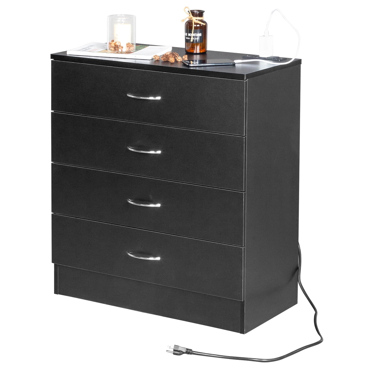 Black 4 Drawer Dresser with Power Outlets A452