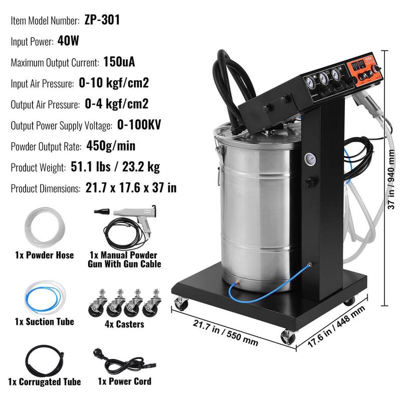 Powder Coating System, 40-Watt 100KV Electrostatic with 50L Powder Hopper L203205