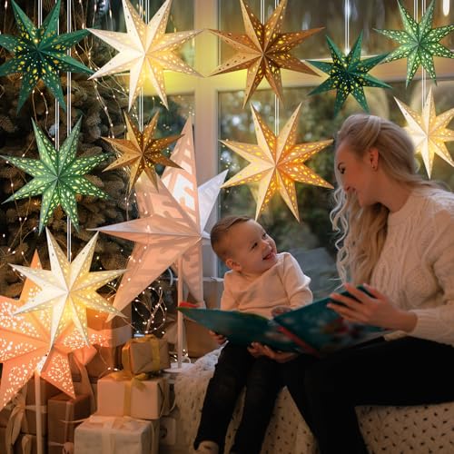 12 Pcs Sage Green 3D Star Lantern with String Light E1959