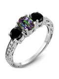 Oval Green Mystic Topaz Black Diamond 925 Sterling Silver Ring M611