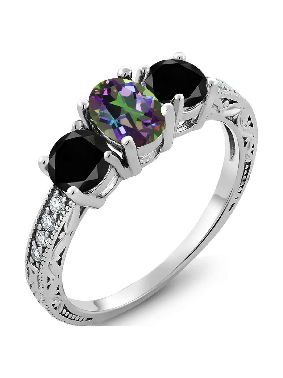 Oval Green Mystic Topaz Black Diamond 925 Sterling Silver Ring M611