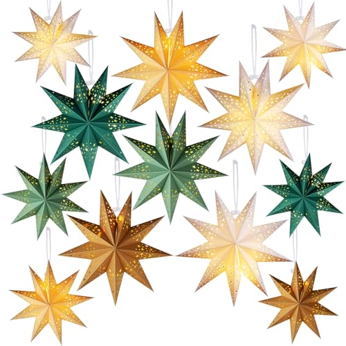 12 Pcs Sage Green 3D Star Lantern with String Light E1959