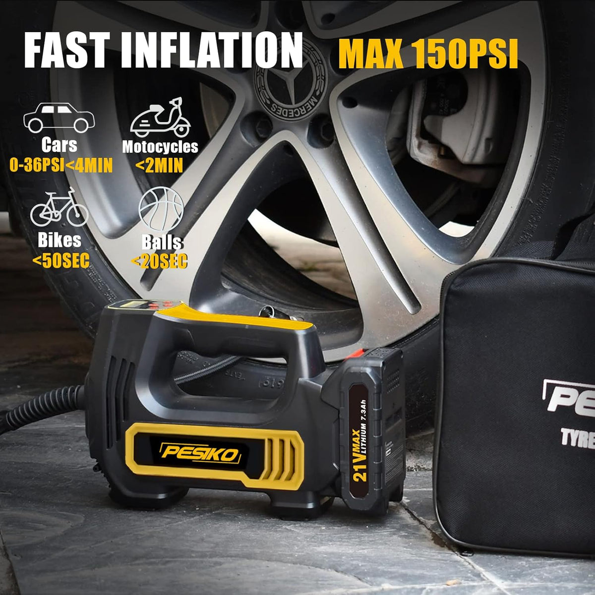 150PSI Cordless Tire Inflator Portable Air Compressor with 10000mAh Battery Digital Pressure Gauge C927145