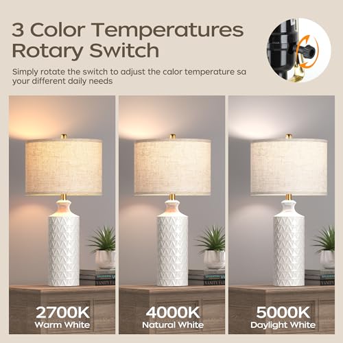 Farmhouse Ceramic Table Lamp Set of 2, 25" White Accent Lamp with 3-Color Temperature LED Bulbs M963118