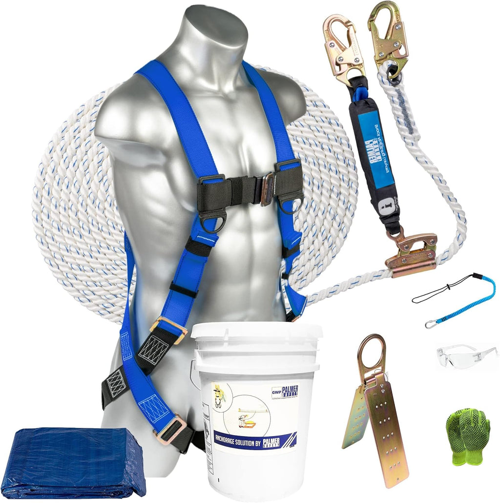 Roofing Bucket Kit with Full-Body Harness, 50' Vertical Rope & Anchor Set D9773