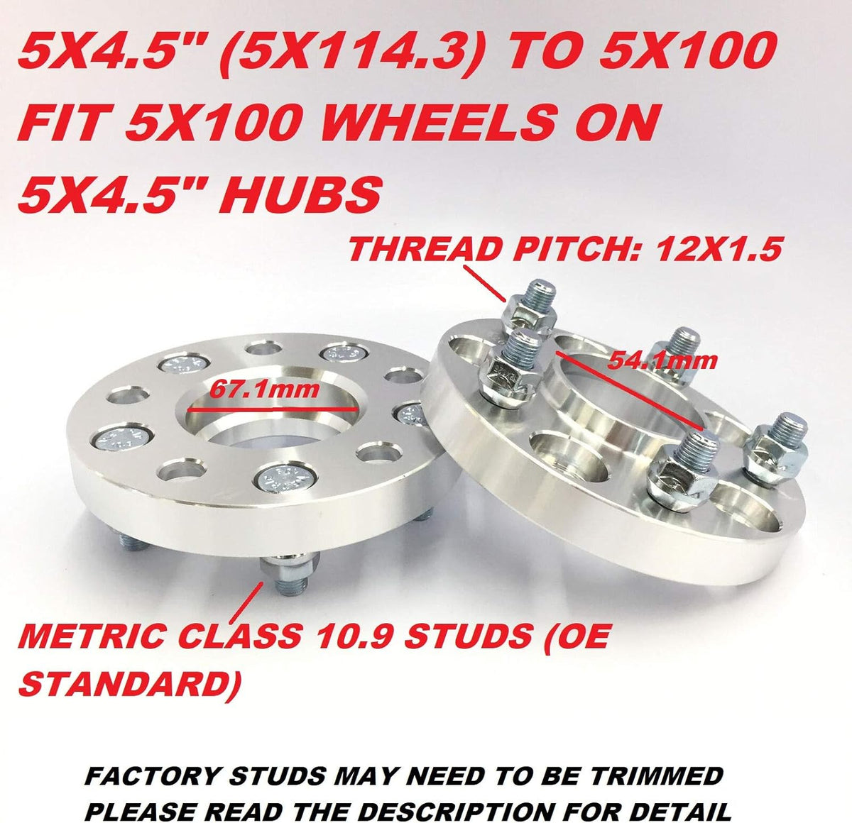 2 Pieces 20mm Hub Centric Wheel Adapters 5x114.3 to 5x100 67.1 to 54.1mm Center Bore 12x1.5 Thread Pitch N406528