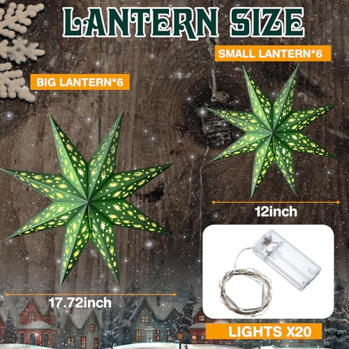 12 Pcs Sage Green 3D Star Lantern with String Light E1959