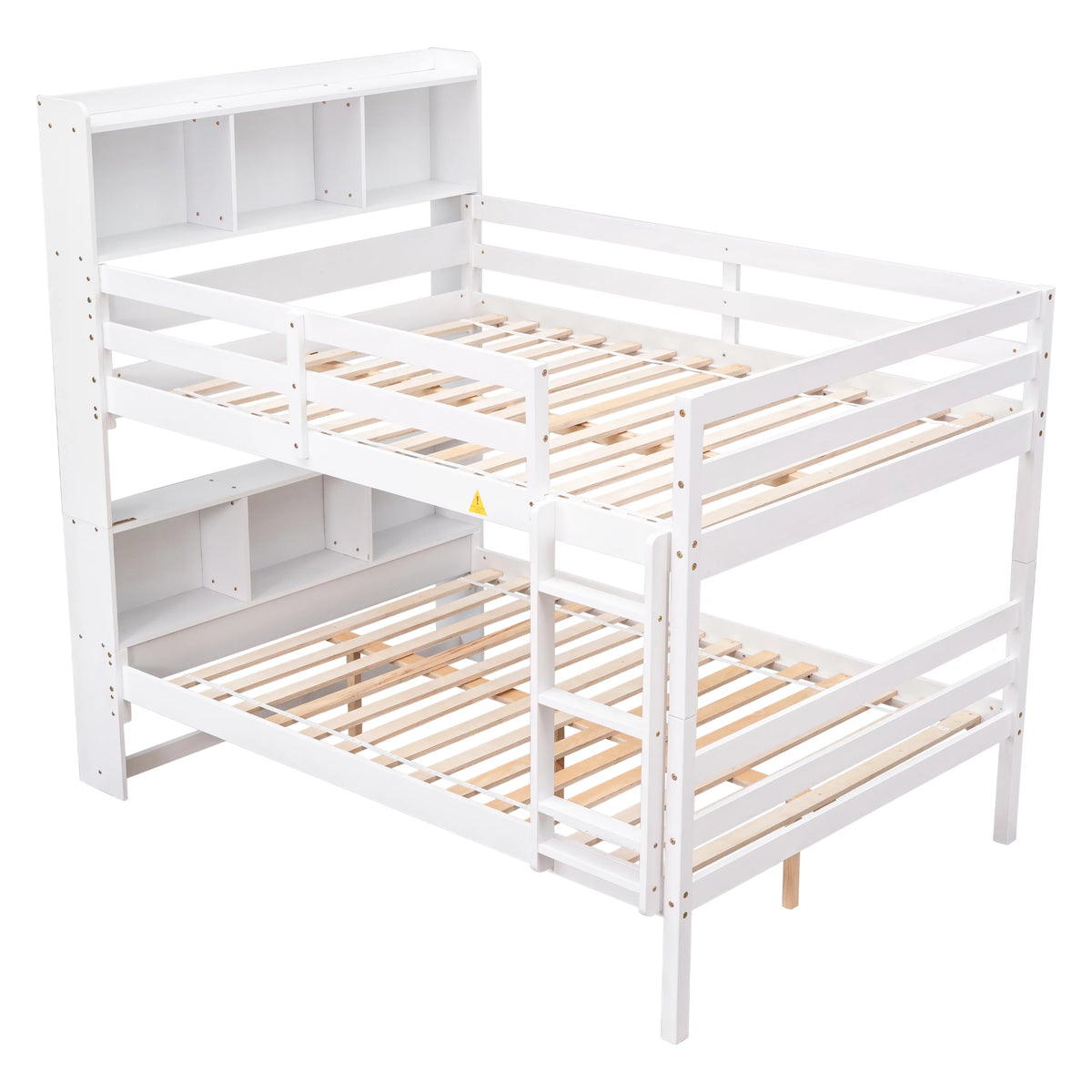 Full Over Full Bunk Beds with Bookcase Headboard, Solid Wood Bed Frame with Safety Rail and Ladder, White L371