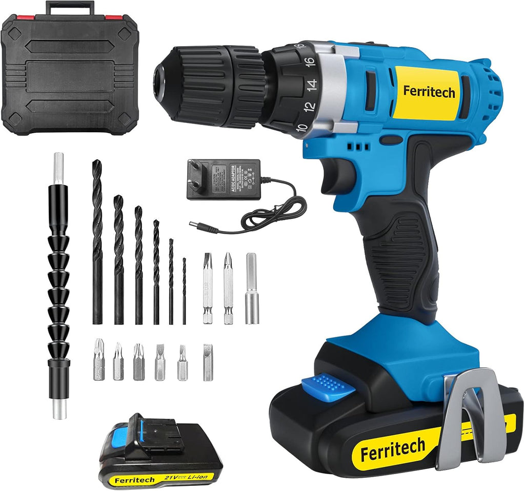 Cordless Drill 20V with 2 Batteries and Charger, 20pcs Bit Set, 3/8" Keyless Chuck, LED K984
