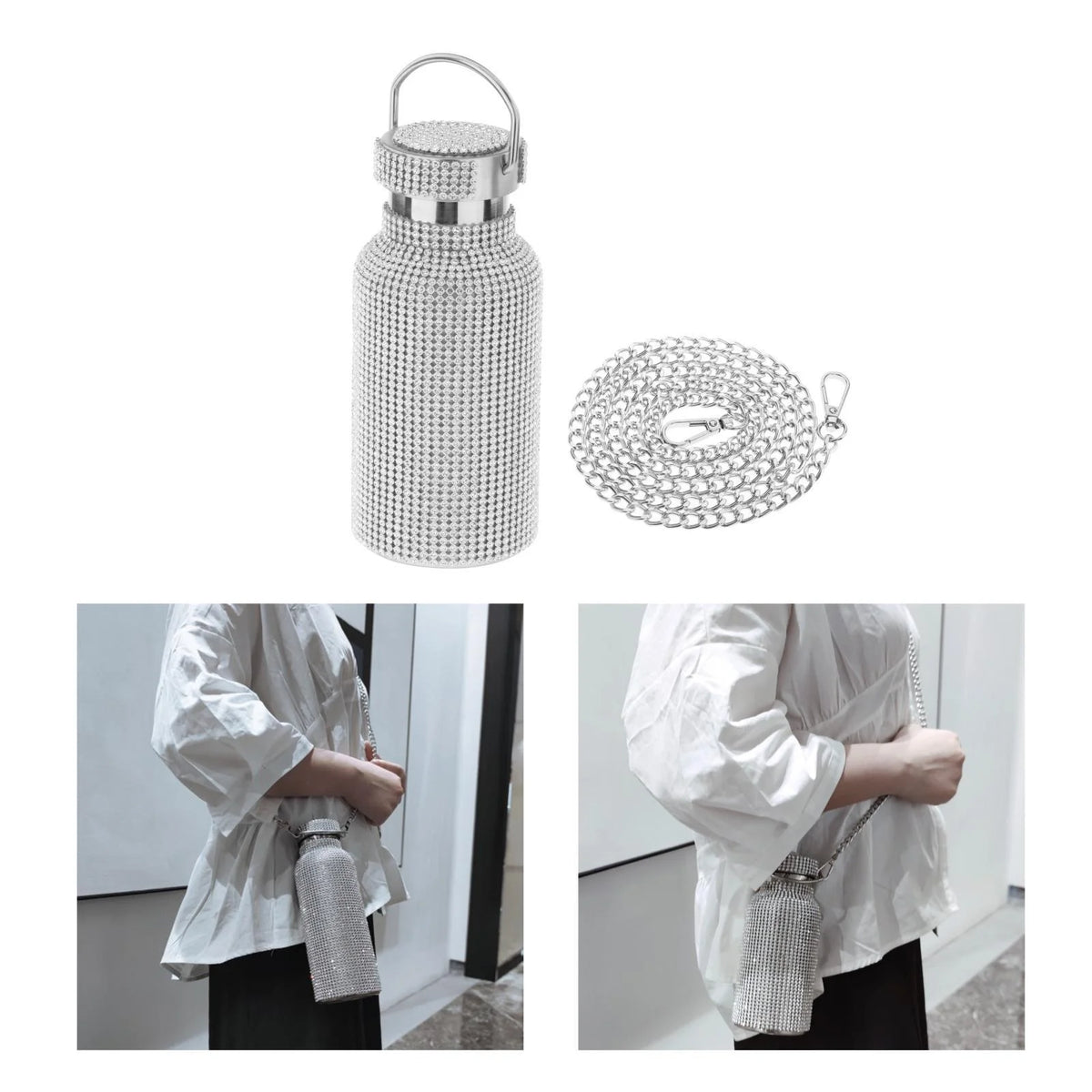 350ML Rhinestone Stainless Steel Insulated Water Bottle with Chain D279296