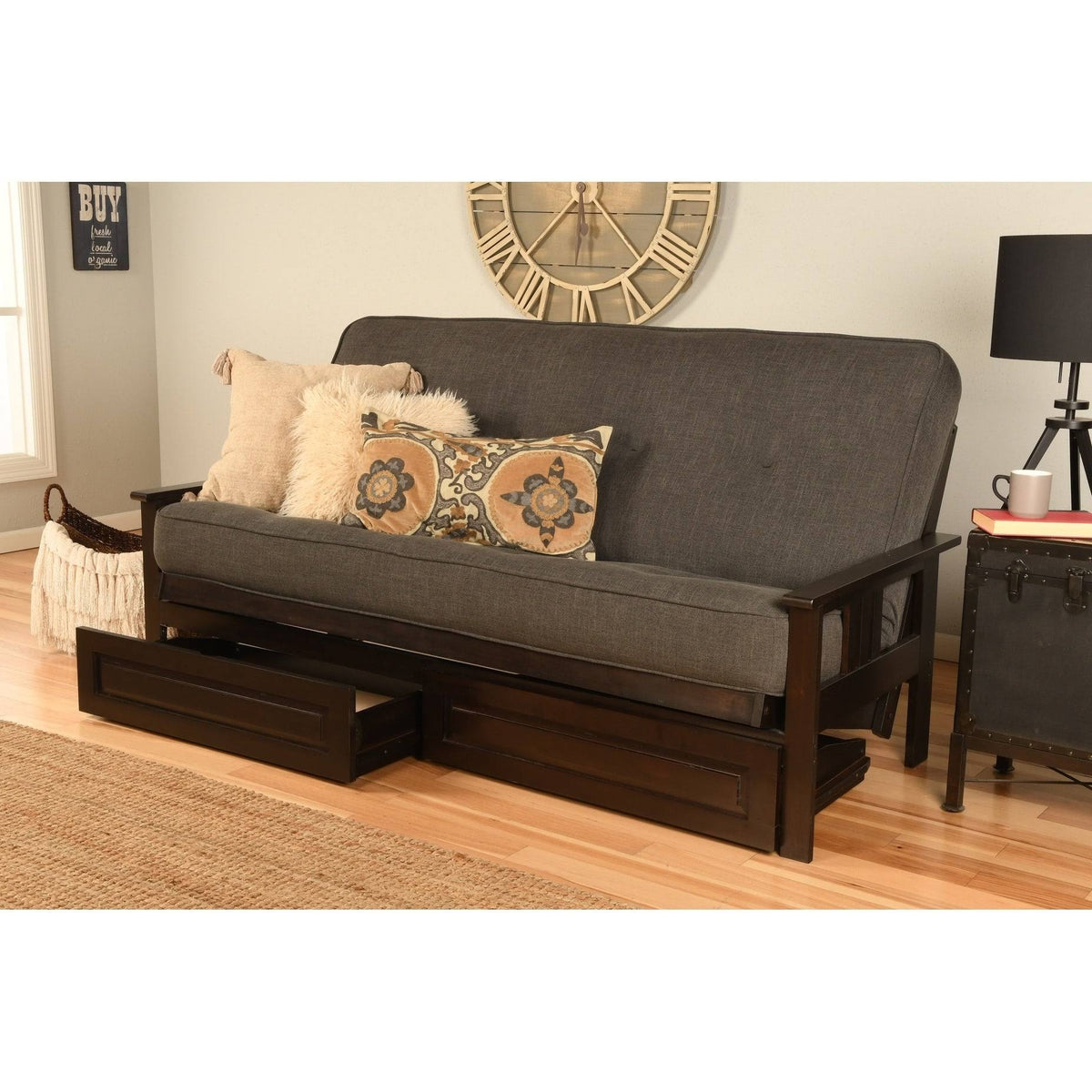 Full Futon with Linen Charcoal Mattress and Storage Drawers E3661