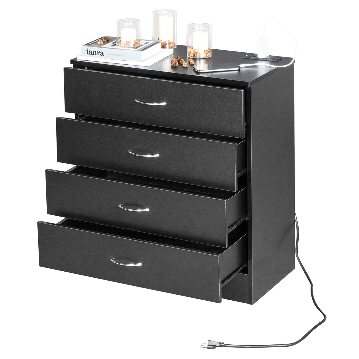 Black 4 Drawer Dresser with Power Outlets A452