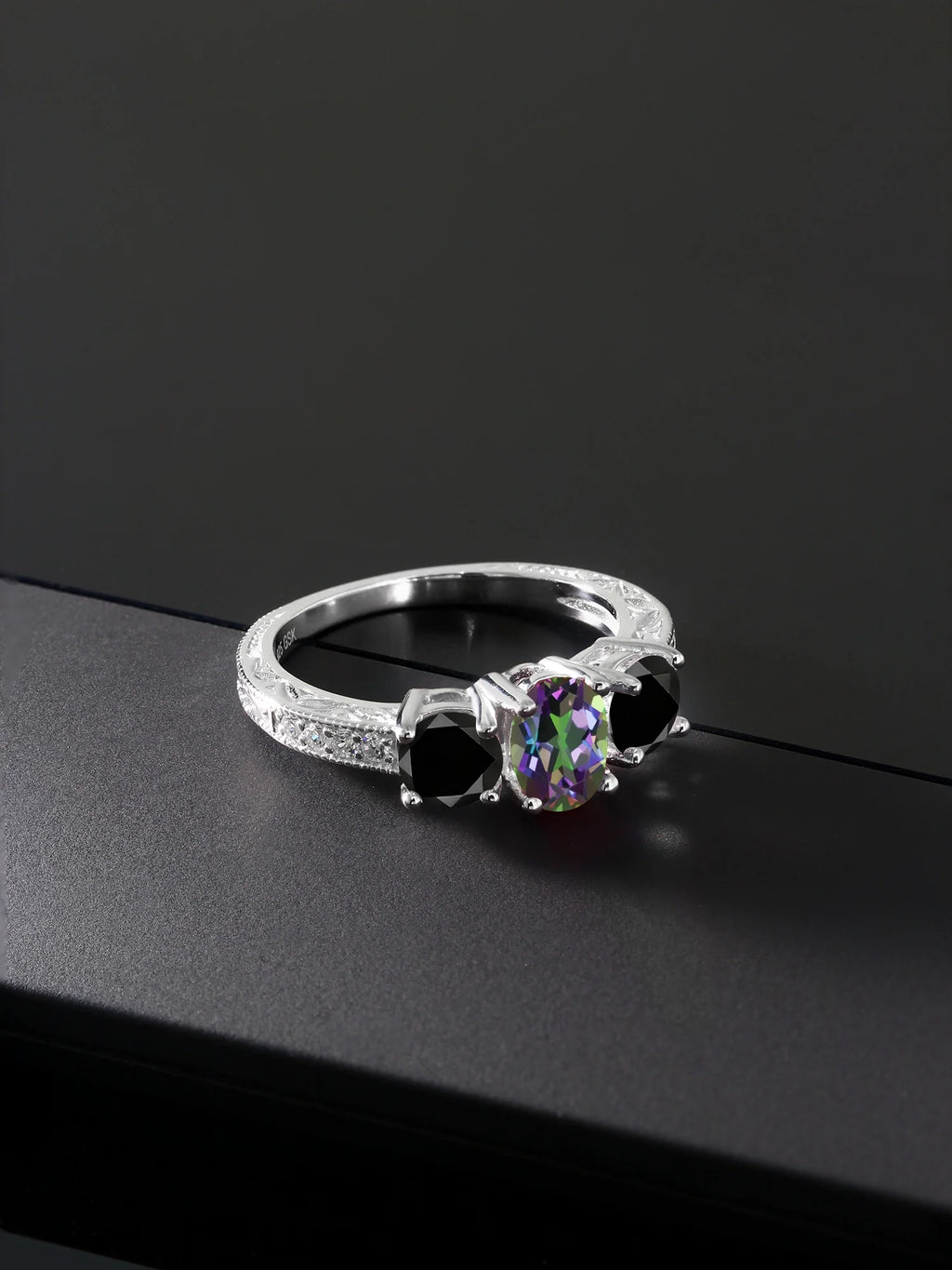 Oval Green Mystic Topaz Black Diamond 925 Sterling Silver Ring M611
