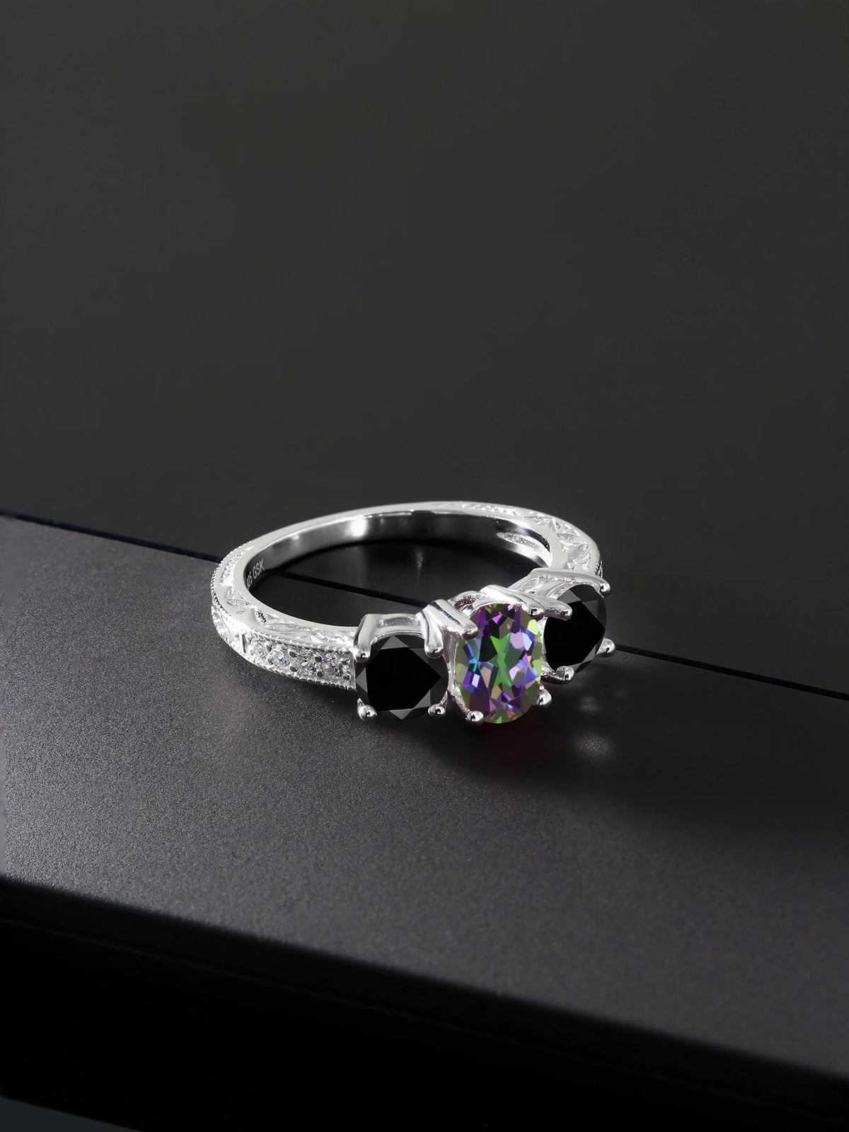Oval Green Mystic Topaz Black Diamond 925 Sterling Silver Ring M611