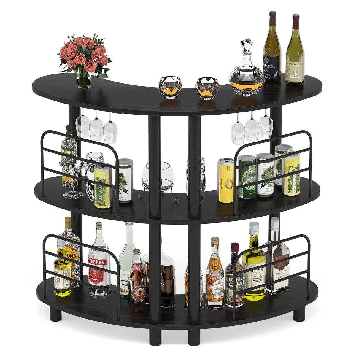 3 Tier Black Bar Cabinet with Storage Shelves G412