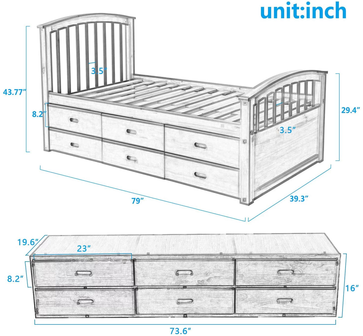 Twin Size Wood Platform Storage Bed with 6 Drawers K14828