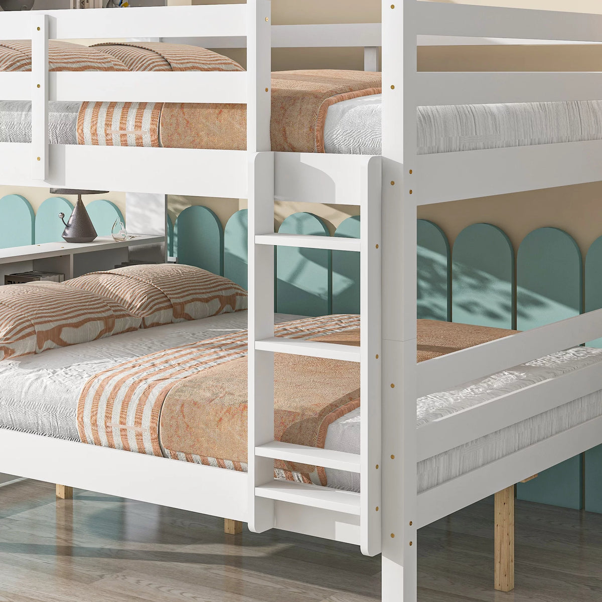 Full Over Full Bunk Beds with Bookcase Headboard, Solid Wood Bed Frame with Safety Rail and Ladder, White L371
