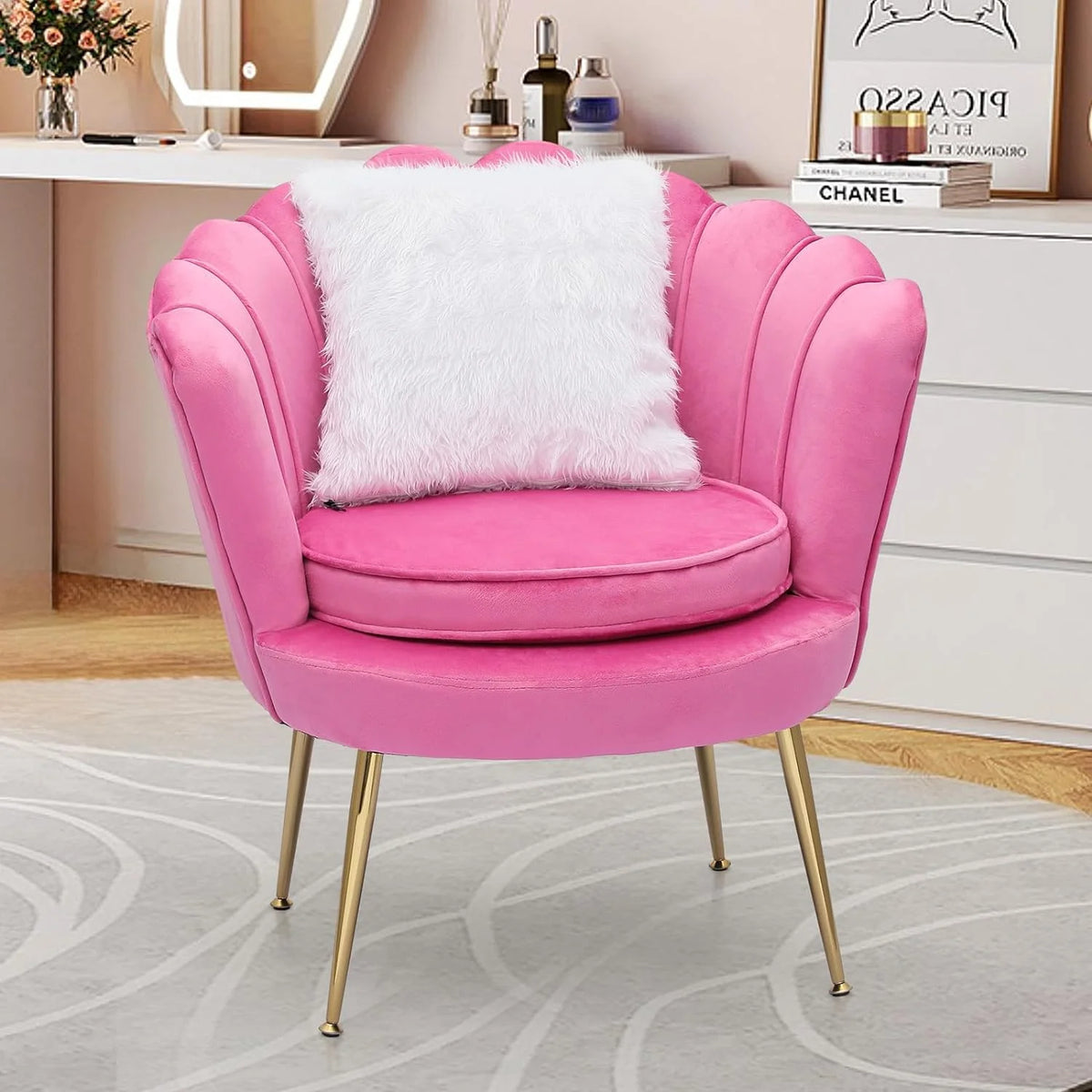 Velvet Tufted Shell Chair with Cushion and Golden Legs C1303