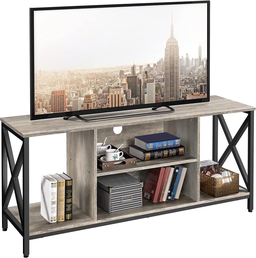 Gray Wood TV Stand with Storage Shelves M140