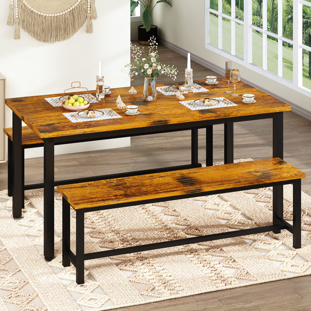 Rustic Brown 4 Person Kitchen Table Set with 2 Benches R612