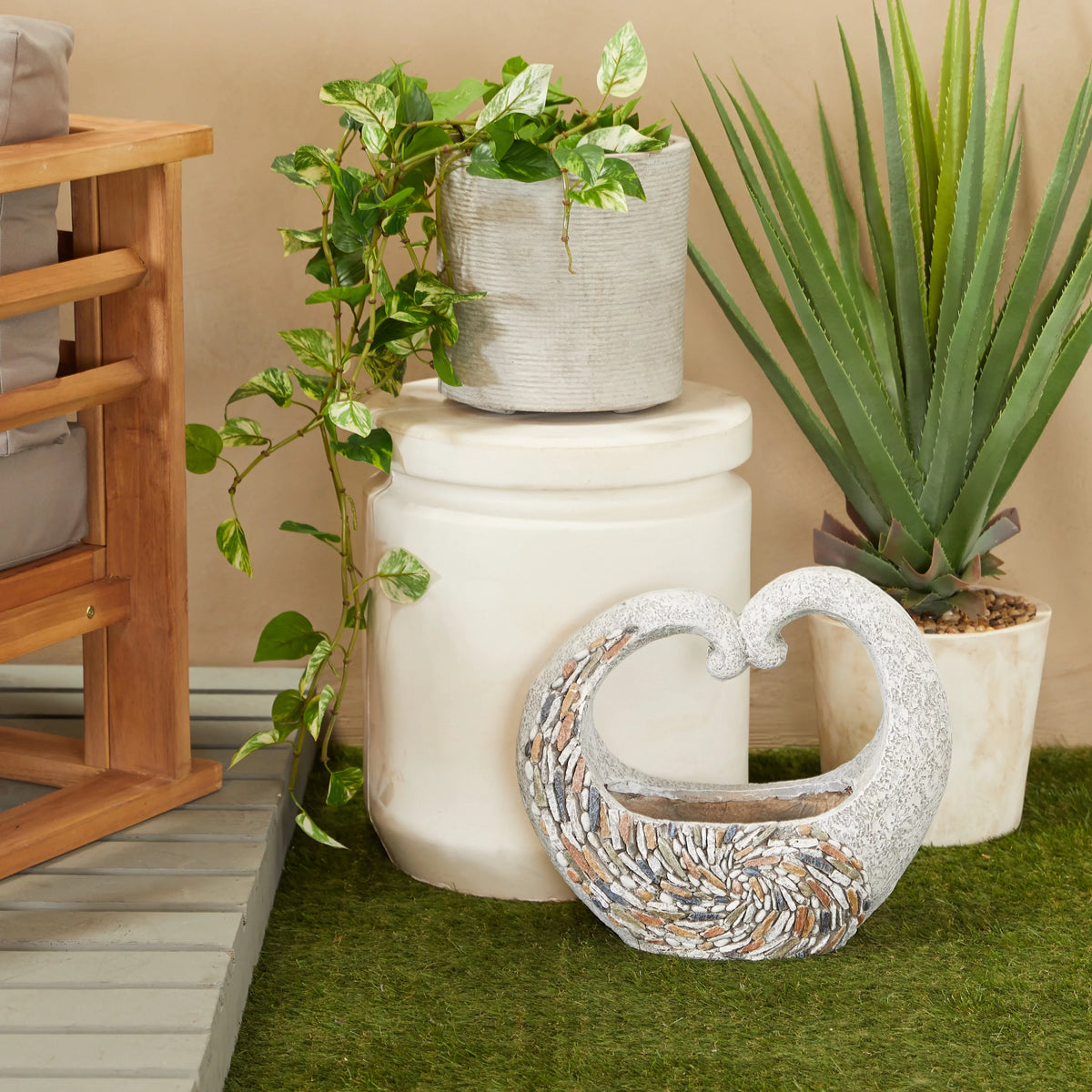 Gray Fiberglass Planter with Stone Mosaic Design Q3000